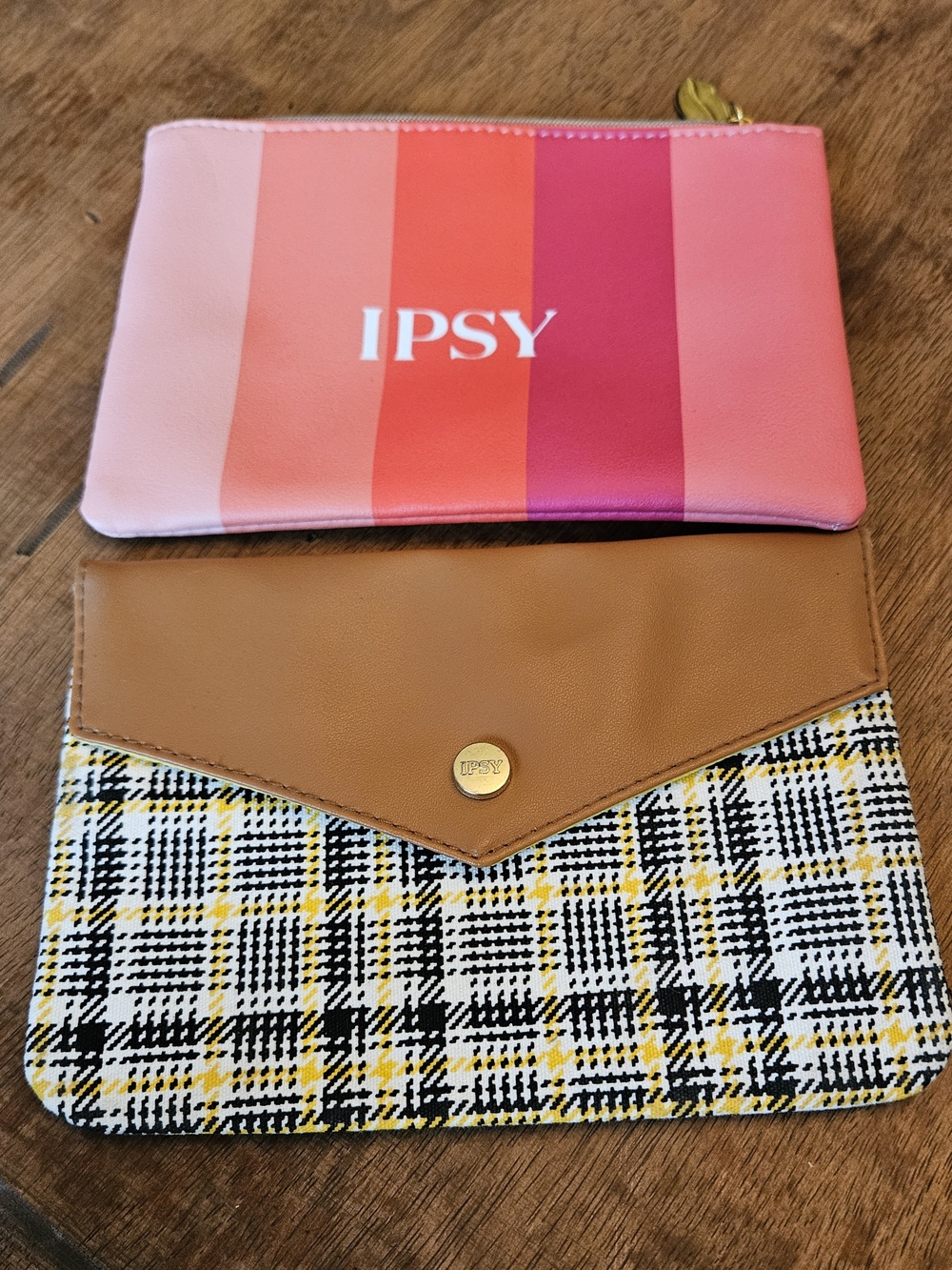 IPSY Pink Gradient Cosmetic Pouch & Plaid Clutch Set Of 2